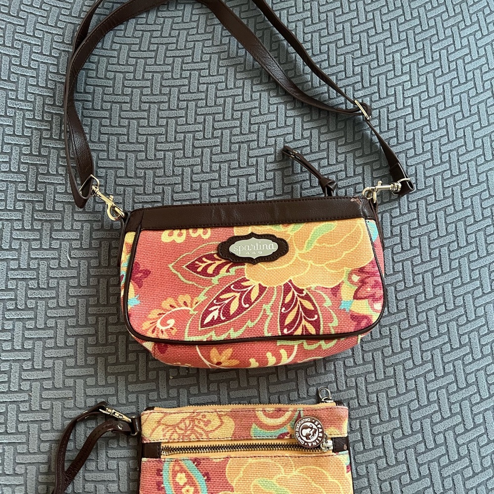 Spartina 449 Red and Brown Crossbody Bag and wallet with Floral Design